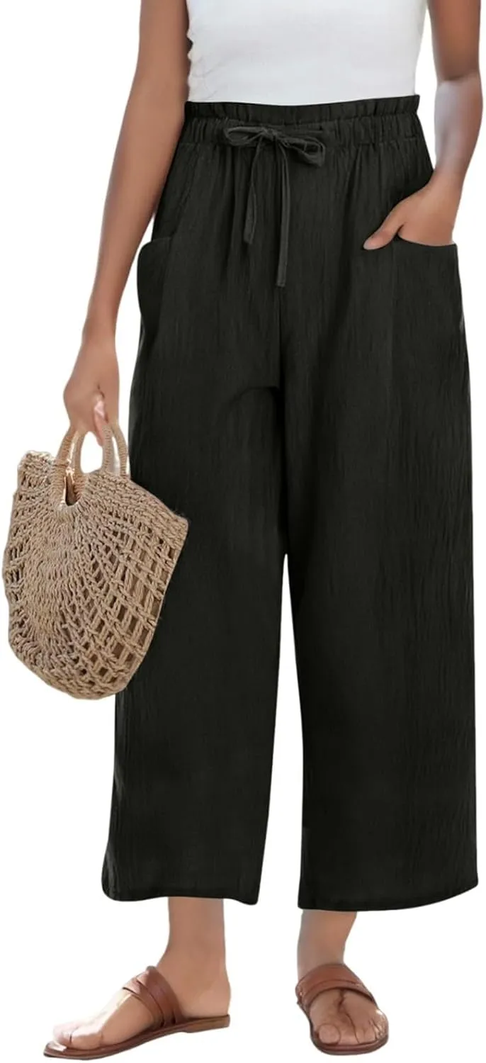 Linen Pants for Women 2025 Summer High Waist Elastic Straight Leg Lounge Palazzo Pant Lightweight Beach Trousers