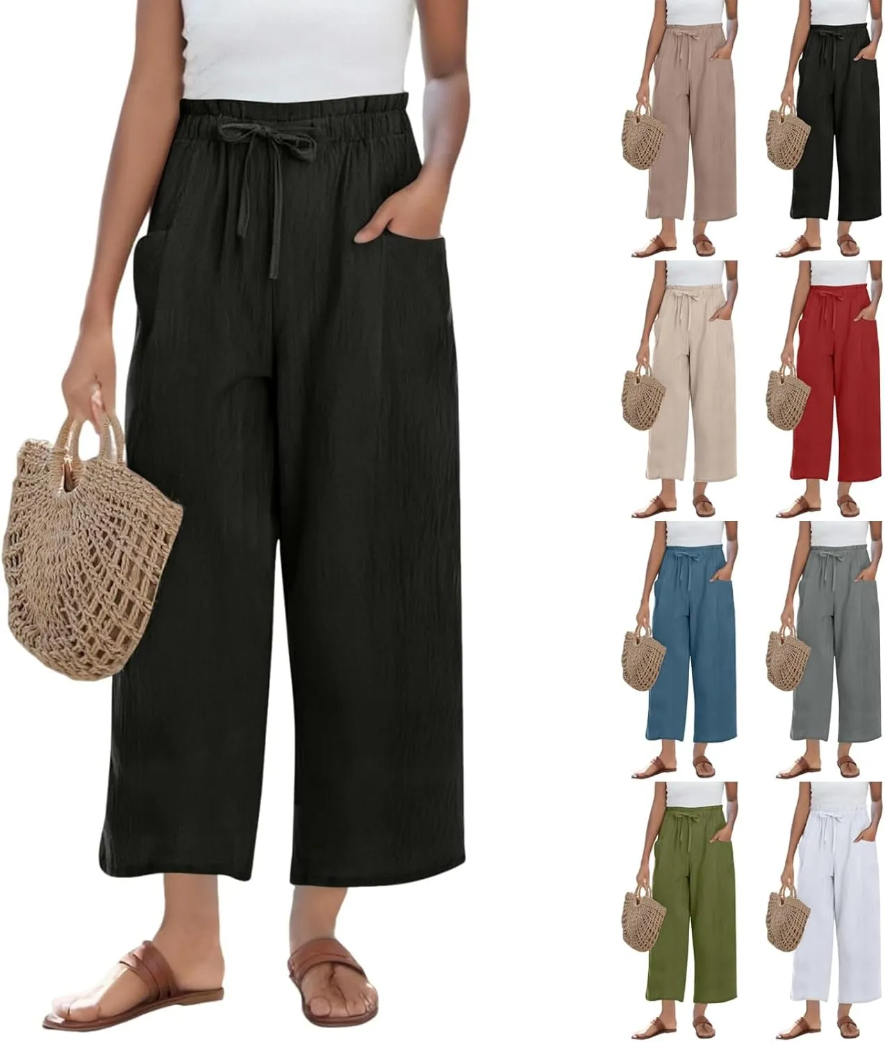 Linen Pants for Women 2025 Summer High Waist Elastic Straight Leg Lounge Palazzo Pant Lightweight Beach Trousers