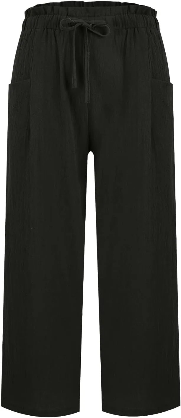 Linen Pants for Women 2025 Summer High Waist Elastic Straight Leg Lounge Palazzo Pant Lightweight Beach Trousers