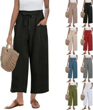 Linen Pants for Women 2025 Summer High Waist Elastic Straight Leg Lounge Palazzo Pant Lightweight Beach Trousers