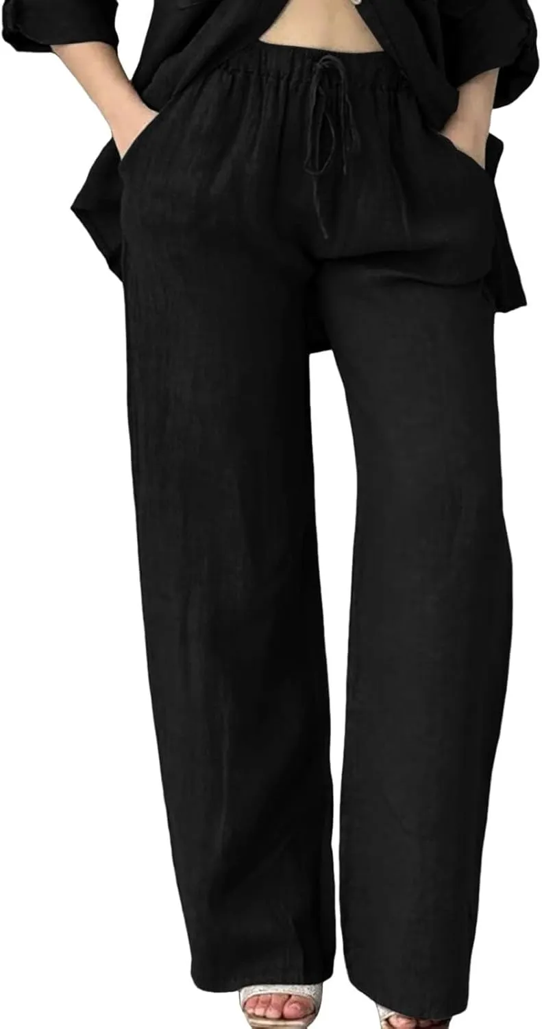 Linen Pants for Women 2025 Summmer Straight Leg Lounge Beach Pant High Waisted Elastic Drawstring with Pockets