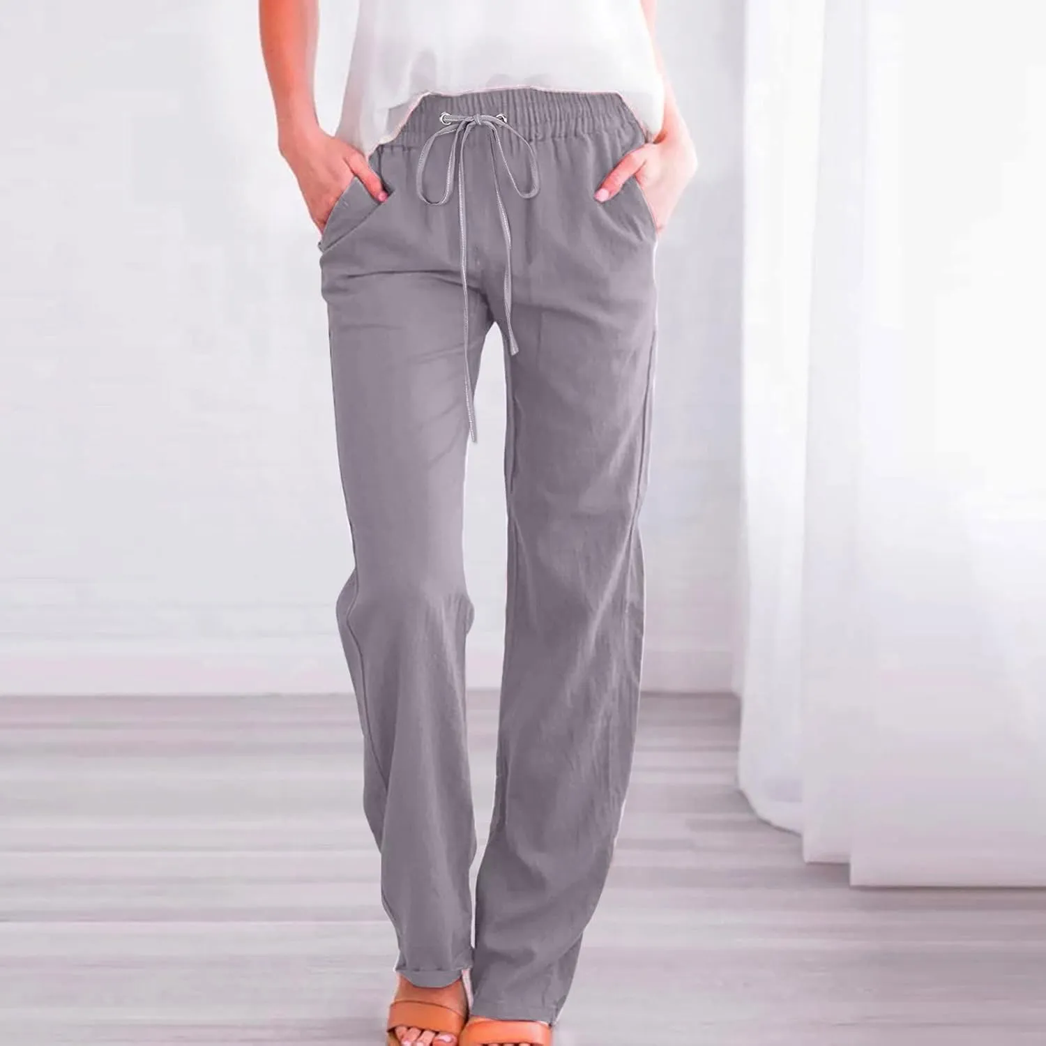 Linen Pants for Women 2025 Summmer Straight Leg Lounge Beach Pant High Waisted Elastic Drawstring with Pockets