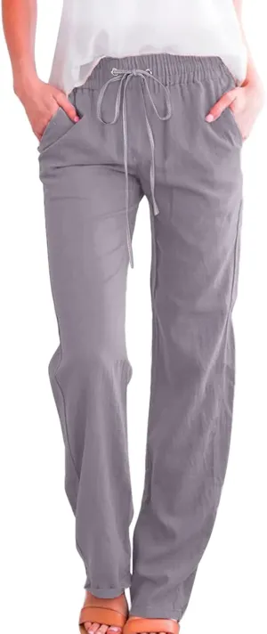 Linen Pants for Women 2025 Summmer Straight Leg Lounge Beach Pant High Waisted Elastic Drawstring with Pockets