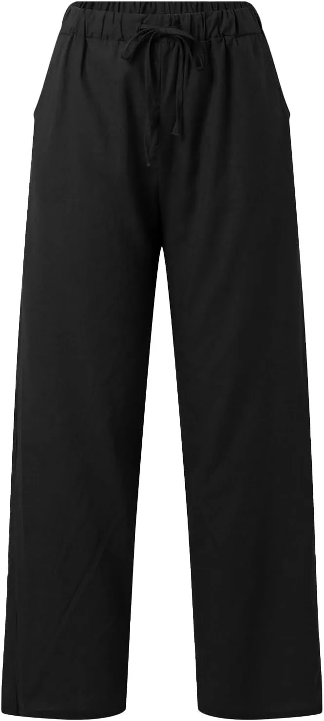Linen Pants for Women 2025 Summmer Straight Leg Lounge Beach Pant High Waisted Elastic Drawstring with Pockets