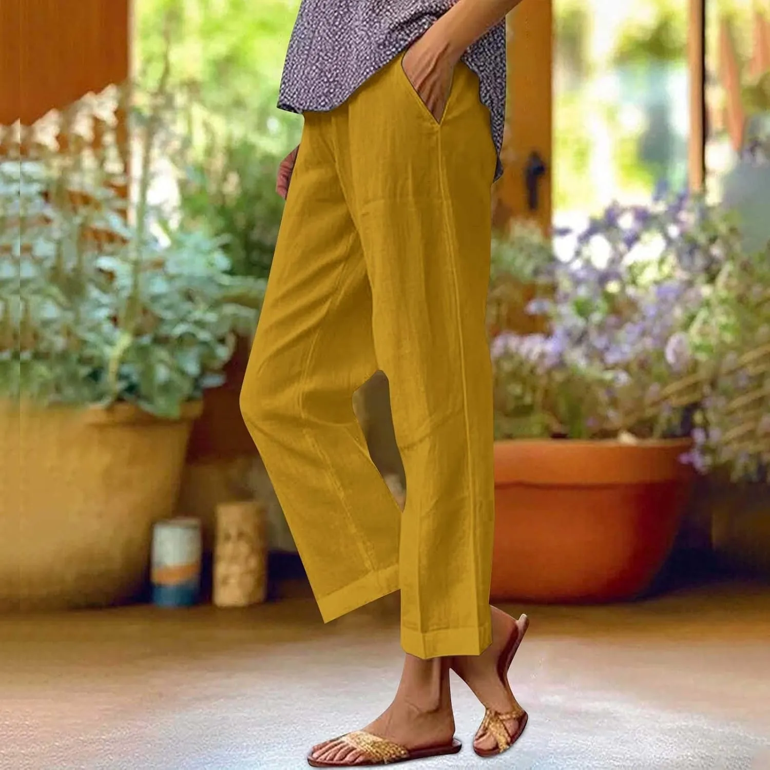Linen Pants for Women Casual Loose High Waist Wide Leg Palazzo Pants 2025 Summer Boho Floral Flowy Beach Trousers