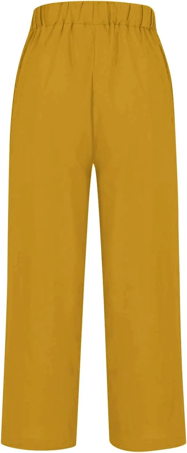 Linen Pants for Women Casual Loose High Waist Wide Leg Palazzo Pants 2025 Summer Boho Floral Flowy Beach Trousers