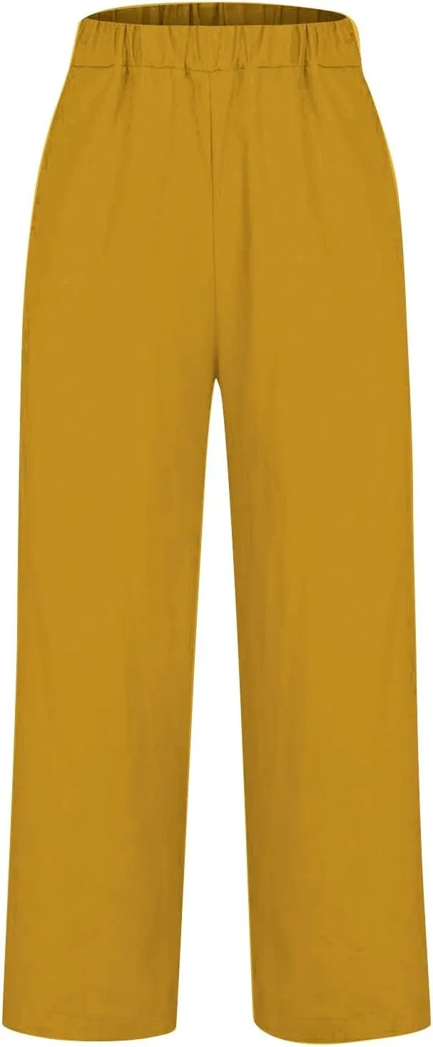 Linen Pants for Women Casual Loose High Waist Wide Leg Palazzo Pants 2025 Summer Boho Floral Flowy Beach Trousers