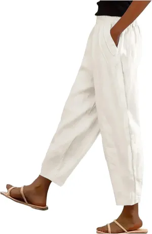 Linen Pants for Women High Waist Pants Plus Drawstring Elastic Waist Pants Trousers with Pockets Summer Casual Pants