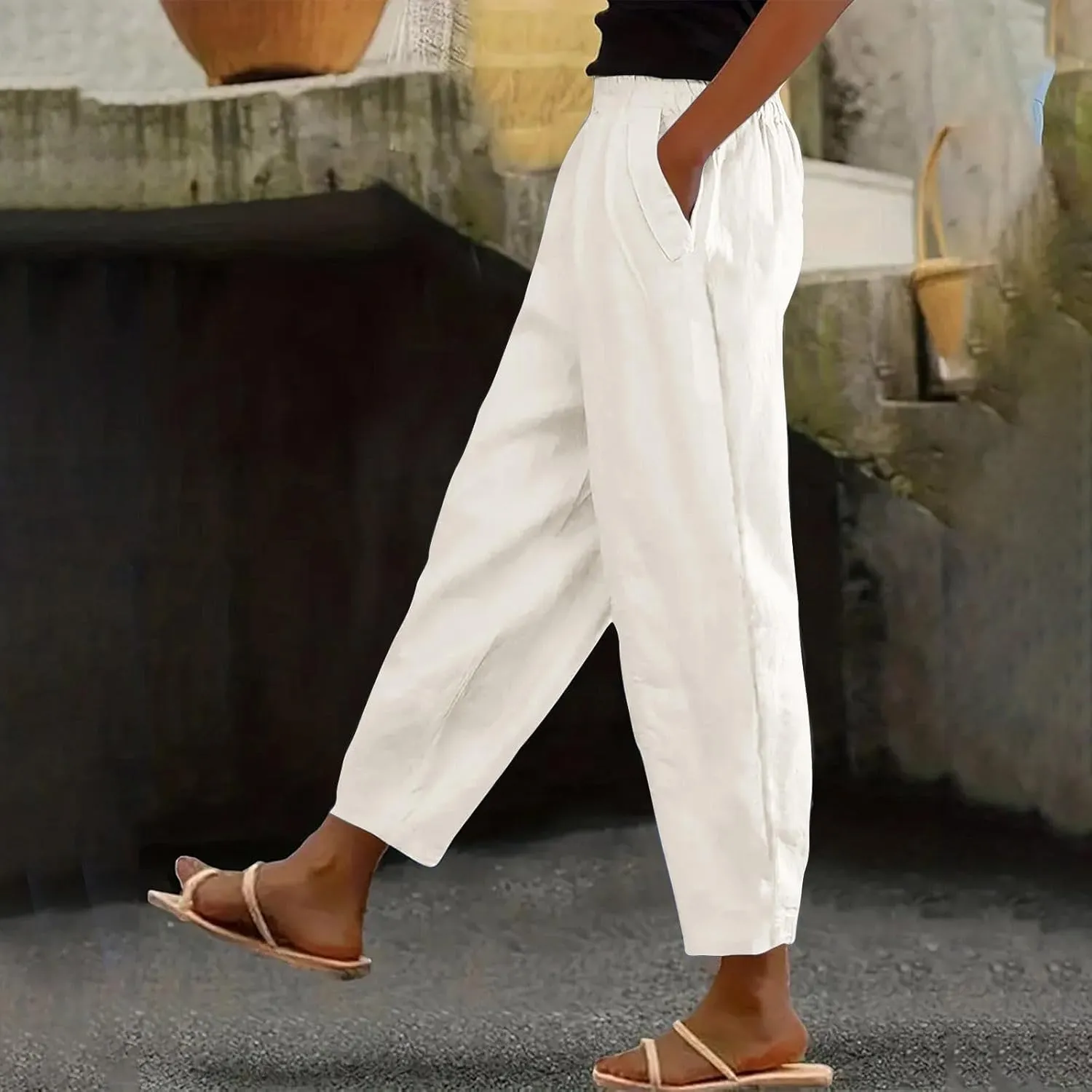 Linen Pants for Women High Waist Pants Plus Drawstring Elastic Waist Pants Trousers with Pockets Summer Casual Pants