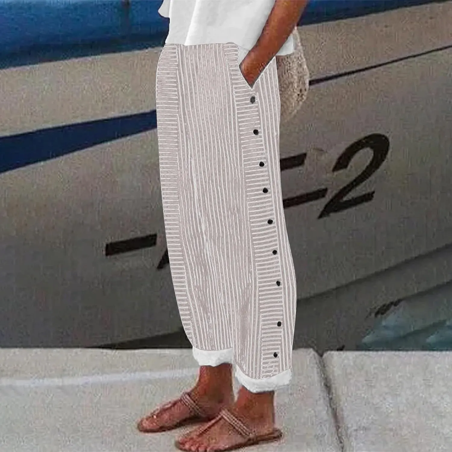 Linen Pants for Women Solid Cropped Side Elastic Waist Capris Straight Leg Summer Beach Casual Trousers with Pockets