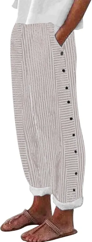 Linen Pants for Women Solid Cropped Side Elastic Waist Capris Straight Leg Summer Beach Casual Trousers with Pockets