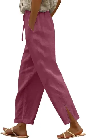 Linen Pants for Women Summer High Waist Elastic Straight Leg Lounge Pant 2025 Casual Loose Lightweight Beach Trousers