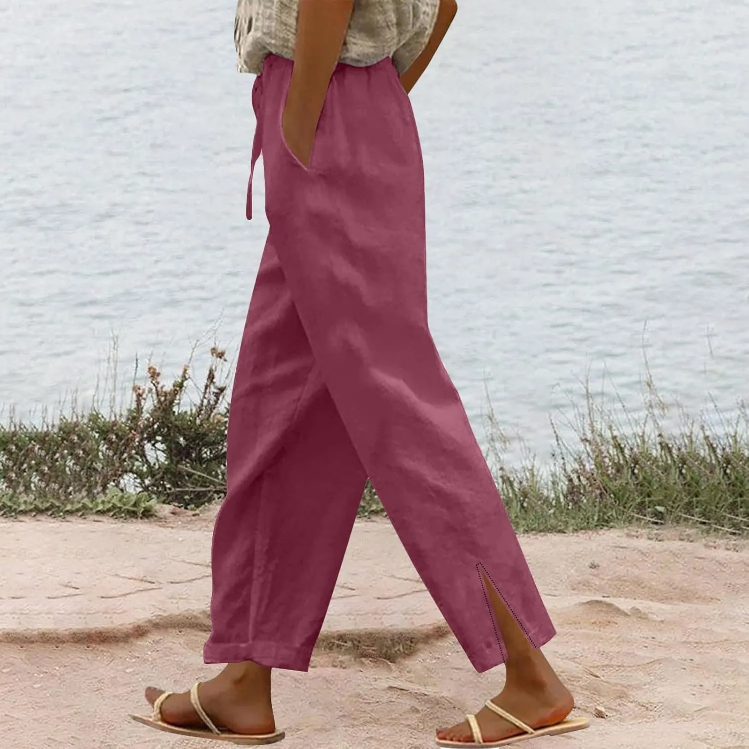 Linen Pants for Women Summer High Waist Elastic Straight Leg Lounge Pant 2025 Casual Loose Lightweight Beach Trousers