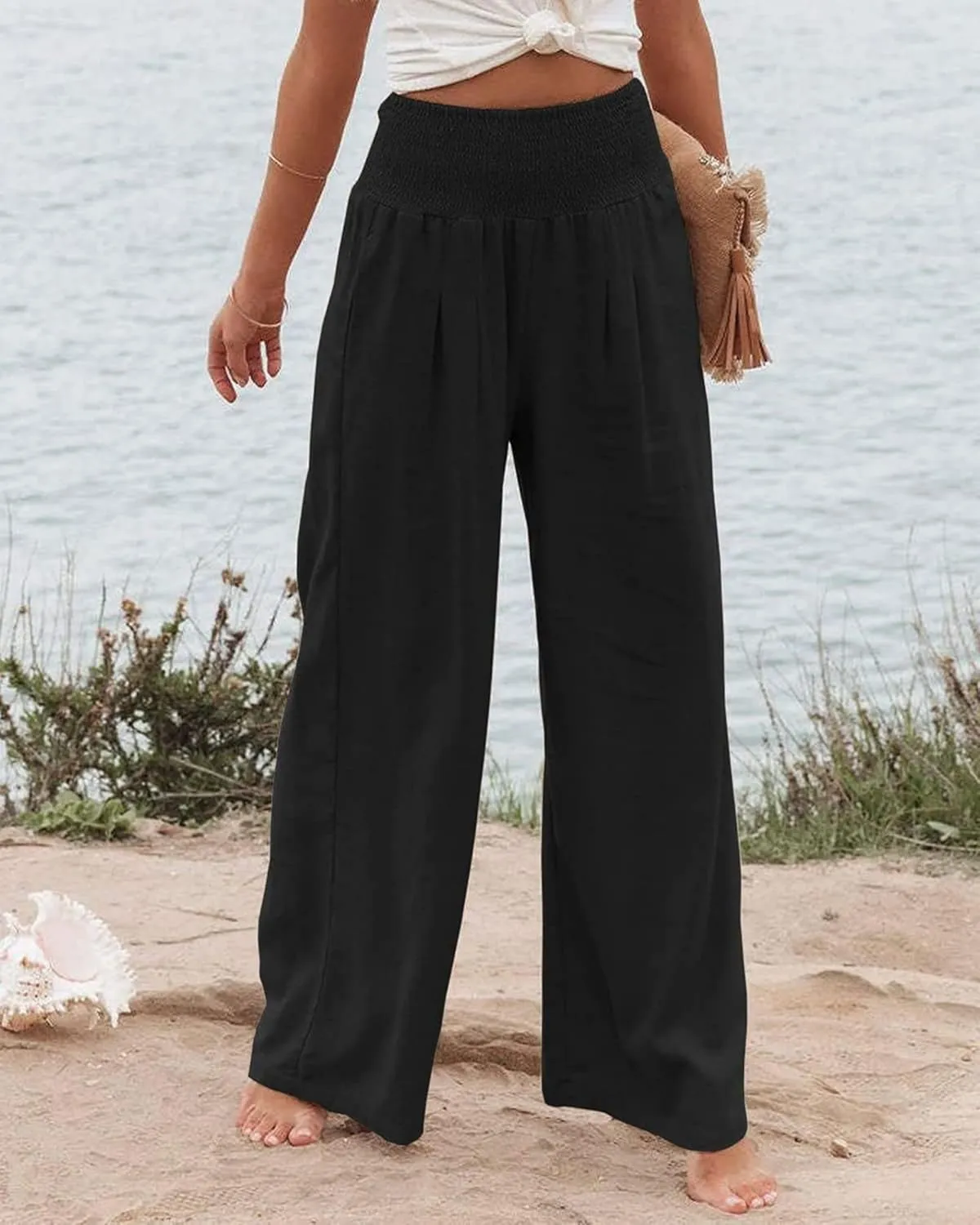 Linen Pants for Women Wide Leg Long Trousers Casual Loose Straight Tottoms Elastic Waist High Waist Pant with Pockets