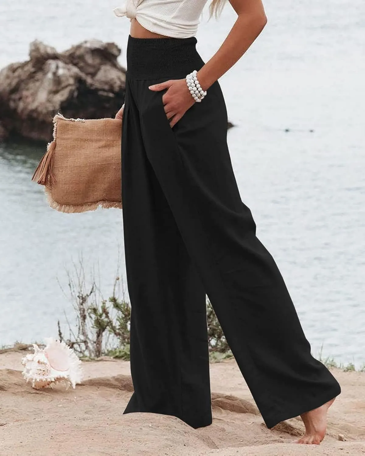 Linen Pants for Women Wide Leg Long Trousers Casual Loose Straight Tottoms Elastic Waist High Waist Pant with Pockets