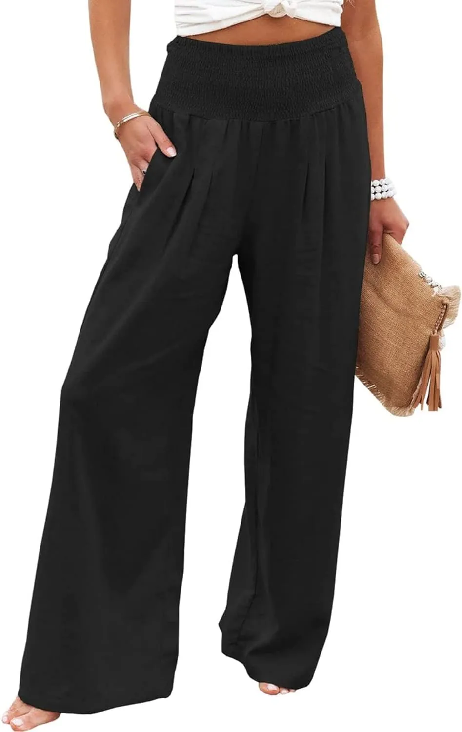 Linen Pants for Women Wide Leg Long Trousers Casual Loose Straight Tottoms Elastic Waist High Waist Pant with Pockets