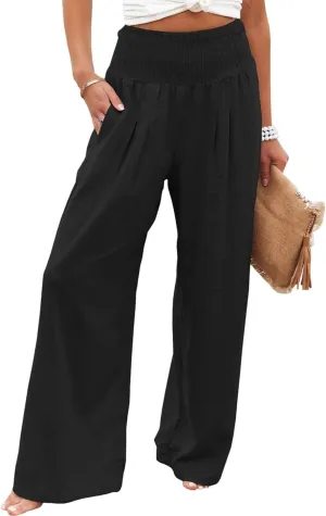 Linen Pants for Women Wide Leg Long Trousers Casual Loose Straight Tottoms Elastic Waist High Waist Pant with Pockets