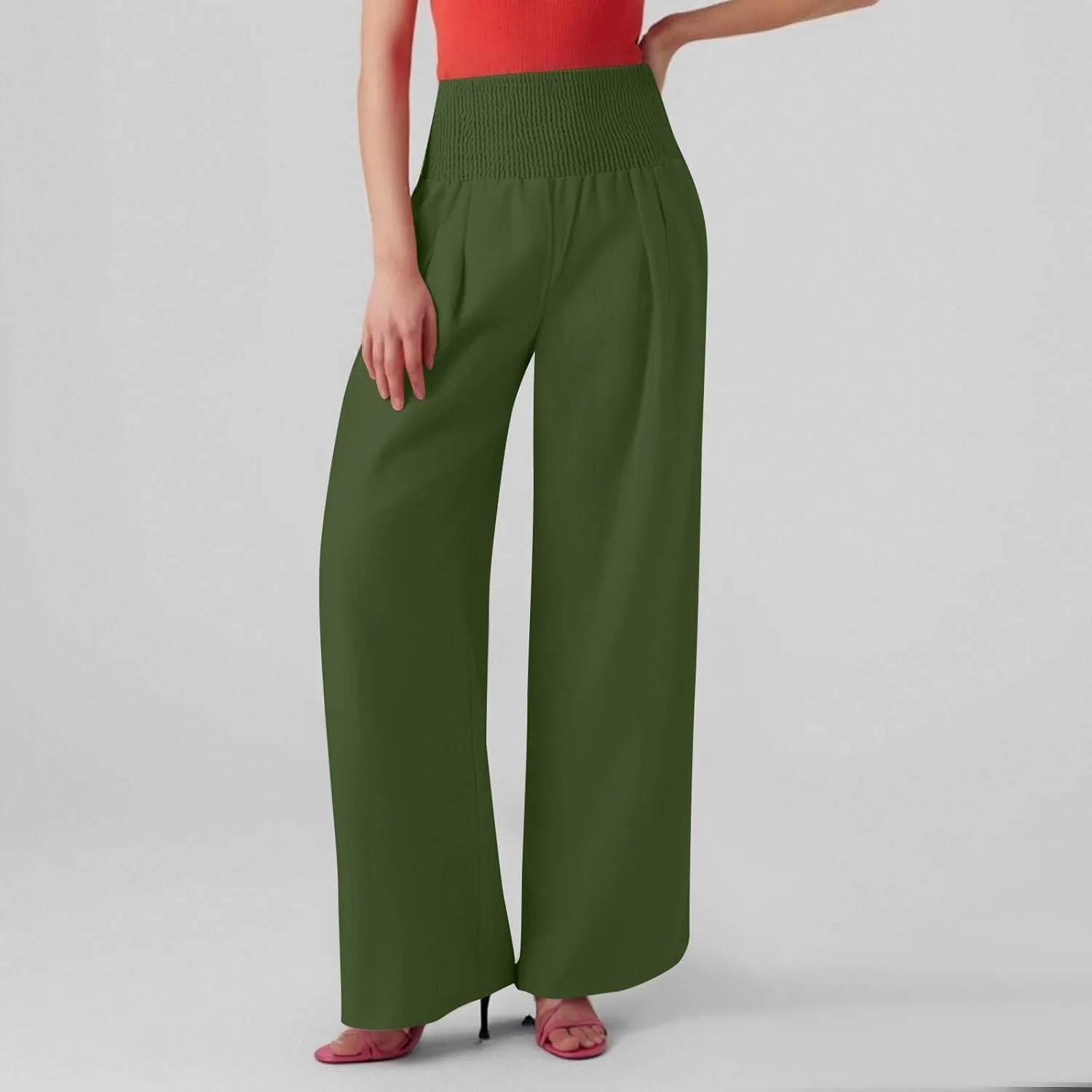 Linen Pants Woman Summer High Waist Palazzo Pants Pleated Baggy Pant Dressy Trousers with Pockets (S-XXL)