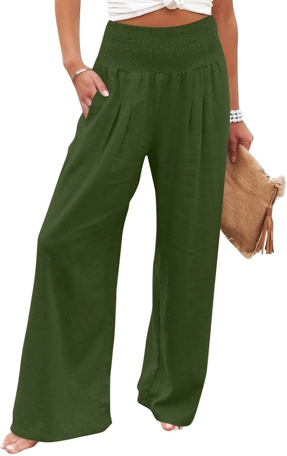 Linen Pants Woman Summer High Waist Palazzo Pants Pleated Baggy Pant Dressy Trousers with Pockets (S-XXL)