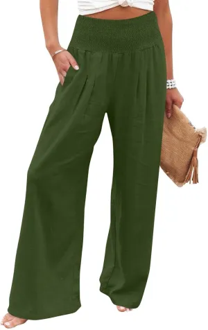Linen Pants Woman Summer High Waist Palazzo Pants Pleated Baggy Pant Dressy Trousers with Pockets (S-XXL)