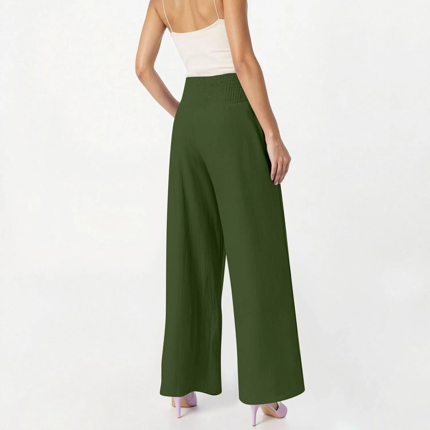 Linen Pants Woman Summer High Waist Palazzo Pants Pleated Baggy Pant Dressy Trousers with Pockets (S-XXL)