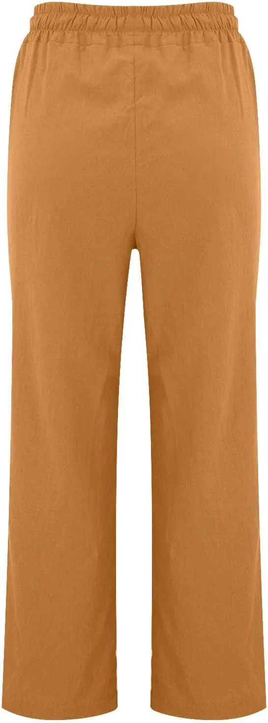 Linen Pants Women Casual Summer Beach Loose Elastic High Waisted Drawstring Lounge Straight Leg Pants with Pockets