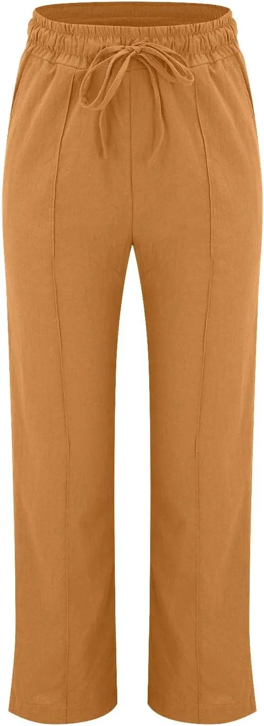 Linen Pants Women Casual Summer Beach Loose Elastic High Waisted Drawstring Lounge Straight Leg Pants with Pockets