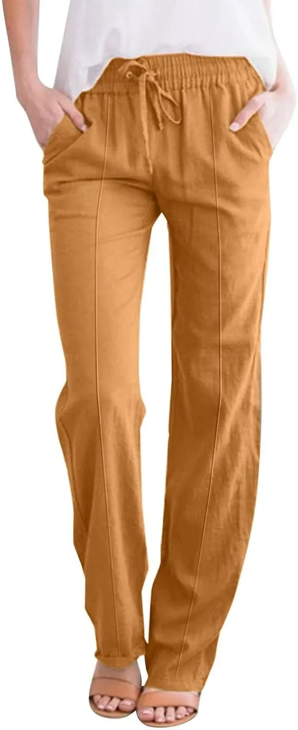 Linen Pants Women Casual Summer Beach Loose Elastic High Waisted Drawstring Lounge Straight Leg Pants with Pockets