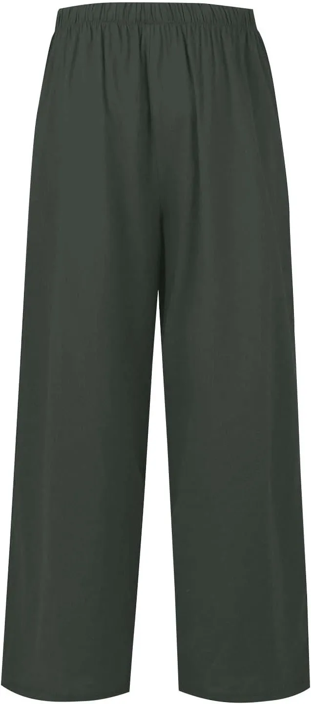 Linen Pants Women Drawstring High Waist Wide Leg Pants Long Palazzo Gauze Pant with Pockets Beach Travel Vacation Outfits