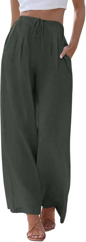 Linen Pants Women Drawstring High Waist Wide Leg Pants Long Palazzo Gauze Pant with Pockets Beach Travel Vacation Outfits