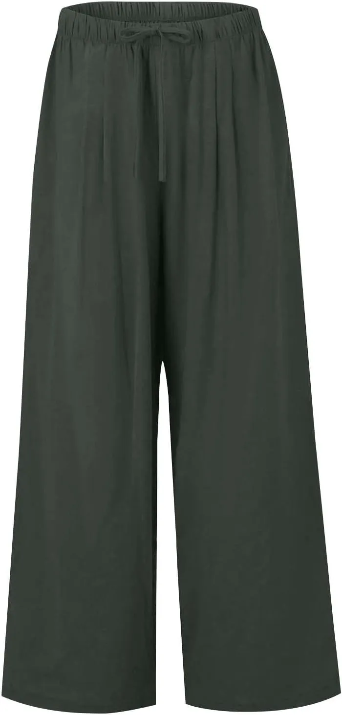 Linen Pants Women Drawstring High Waist Wide Leg Pants Long Palazzo Gauze Pant with Pockets Beach Travel Vacation Outfits
