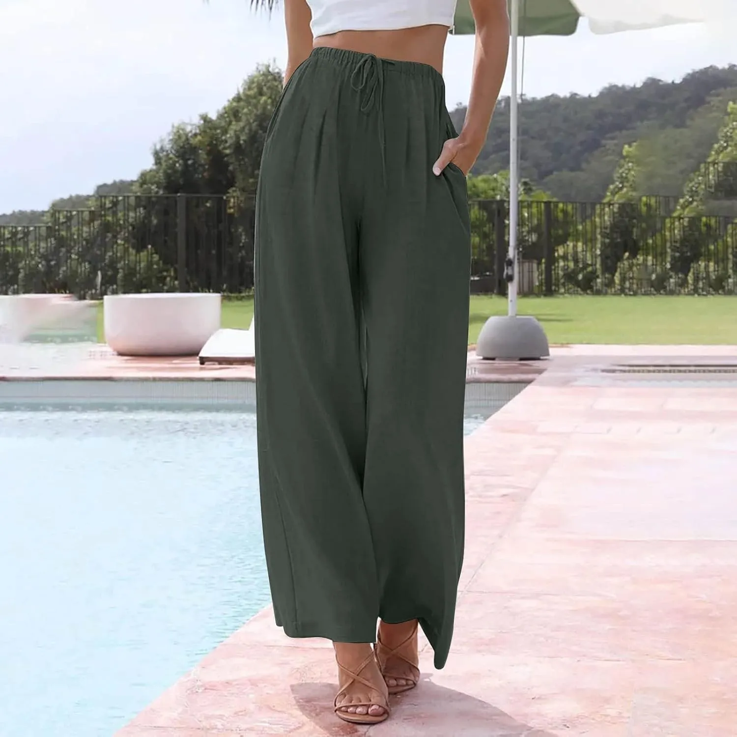 Linen Pants Women Drawstring High Waist Wide Leg Pants Long Palazzo Gauze Pant with Pockets Beach Travel Vacation Outfits