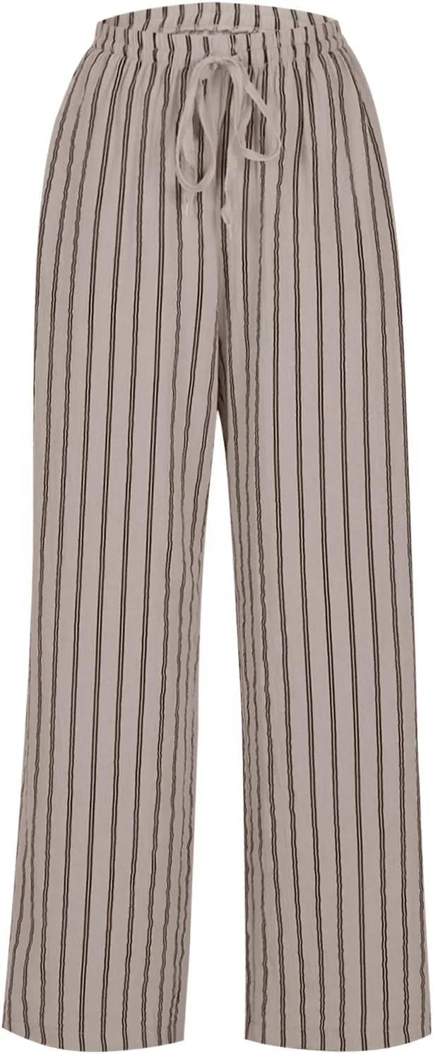 Linen Pants Women High Waisted Wide Leg Palazzo Pants Lightweight Summer Elastic Waist Casual Lounge Trousers
