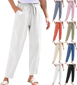 Linen Pants Women Summer Casual High Waisted Straight Leg Beach Pants Drawstring Pants Trousers with Pockets