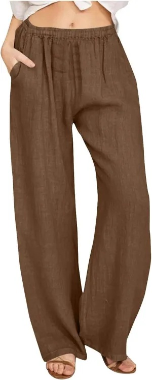 Linen Pants Women Summer High Waist Drawstring Elastic Lightweight Flowy Wide Leg Palazzo Pants Lounge Trousers