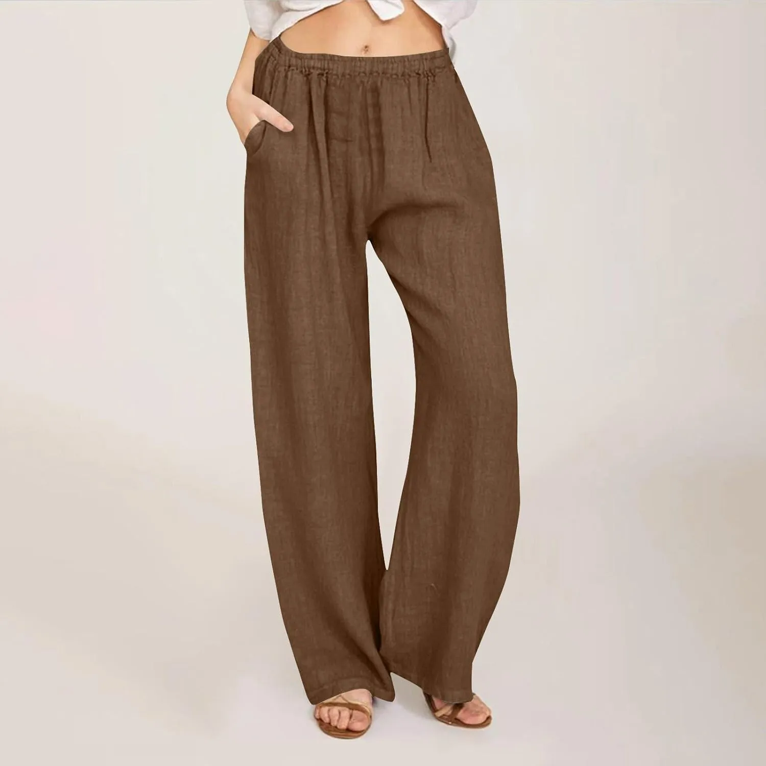 Linen Pants Women Summer High Waist Drawstring Elastic Lightweight Flowy Wide Leg Palazzo Pants Lounge Trousers