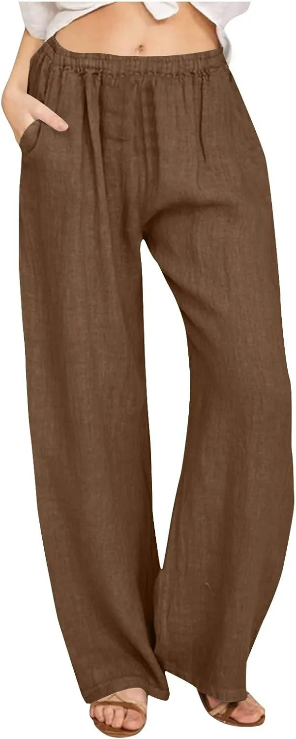 Linen Pants Women Summer High Waist Drawstring Elastic Lightweight Flowy Wide Leg Palazzo Pants Lounge Trousers