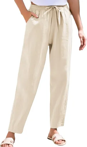 Linen Pants Women Summer Straight Leg Drawstring Palazzo Pants High Elastic Waist Trousers with Pockets