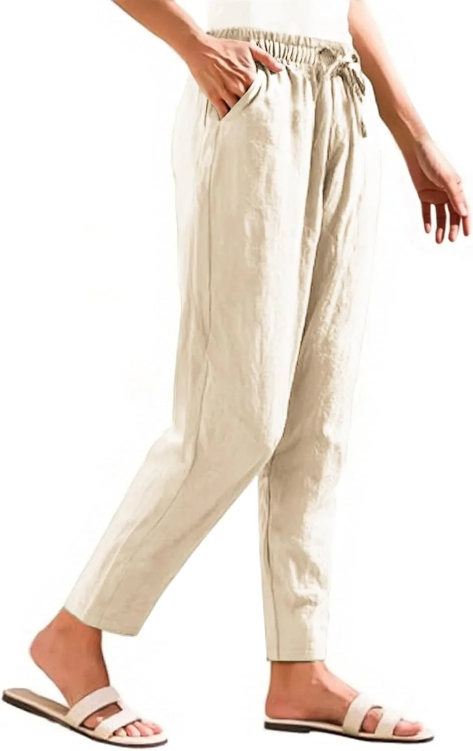 Linen Pants Women Summer Straight Leg Drawstring Palazzo Pants High Elastic Waist Trousers with Pockets