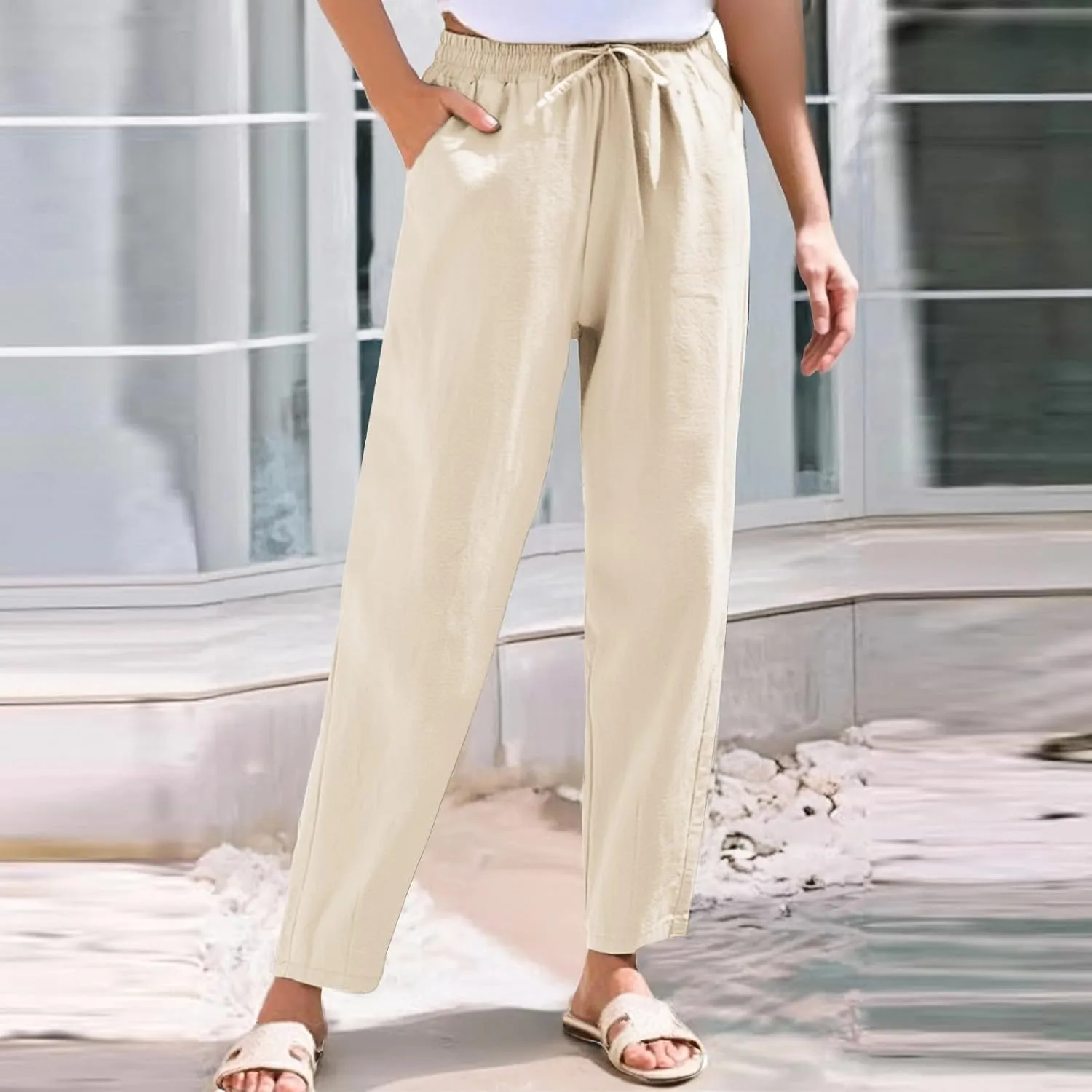 Linen Pants Women Summer Straight Leg Drawstring Palazzo Pants High Elastic Waist Trousers with Pockets