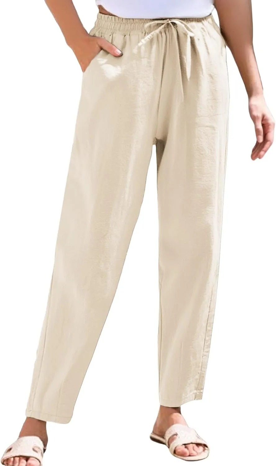 Linen Pants Women Summer Straight Leg Drawstring Palazzo Pants High Elastic Waist Trousers with Pockets