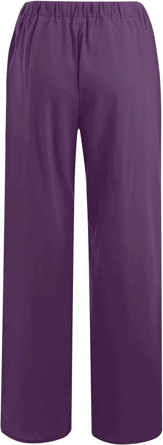 Linen Summer Pants Women 2024 Trendy Casual High Waist Drawstring Loose Fit Lightweight Long Palazzo Gauze Pants