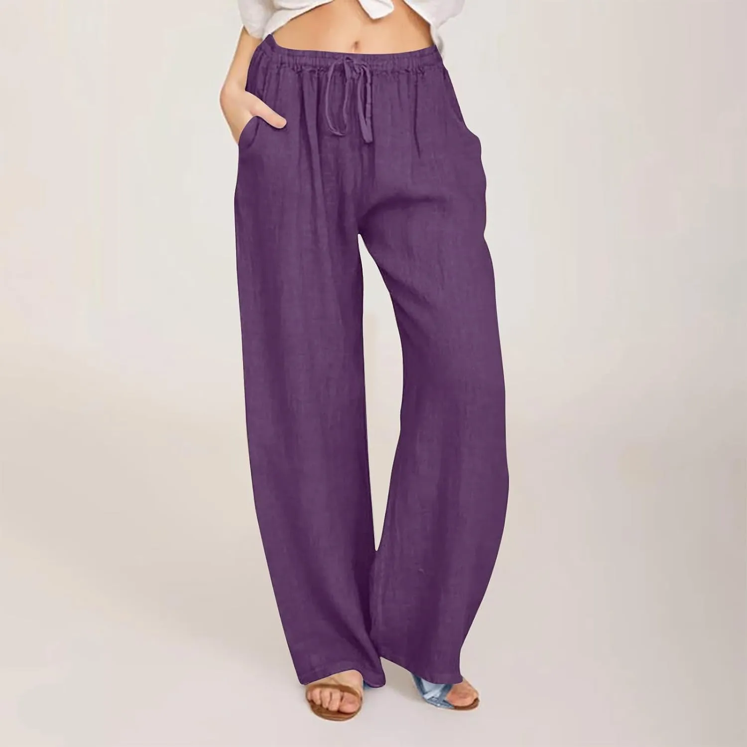 Linen Summer Pants Women 2024 Trendy Casual High Waist Drawstring Loose Fit Lightweight Long Palazzo Gauze Pants