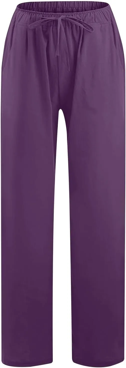 Linen Summer Pants Women 2024 Trendy Casual High Waist Drawstring Loose Fit Lightweight Long Palazzo Gauze Pants