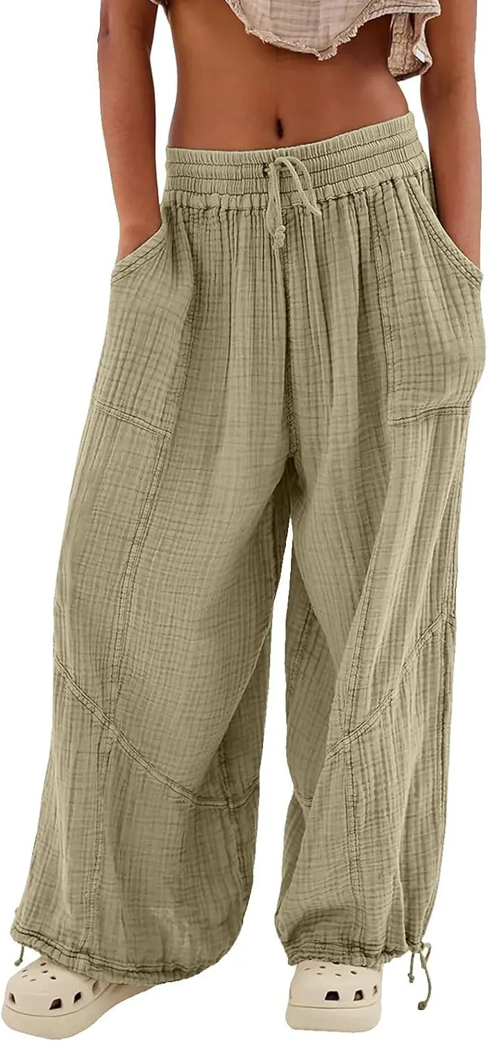Litetao Linen Pants Women Summer Short Womens Casual Elastic Drawstring Pants Straight Trousers with Pockets Cargo Pants