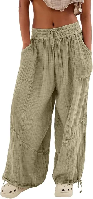 Litetao Linen Pants Women Summer Short Womens Casual Elastic Drawstring Pants Straight Trousers with Pockets Cargo Pants