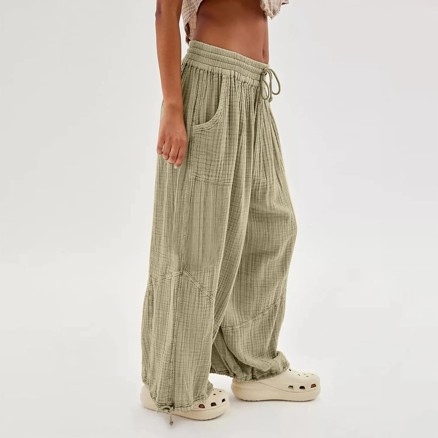Litetao Linen Pants Women Summer Short Womens Casual Elastic Drawstring Pants Straight Trousers with Pockets Cargo Pants