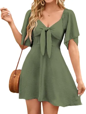LLHXRUI Women's Twist Front Bowknot Ruffle Spring Summer Dress Casual Deep V Neck Elegant Bow tie Flowy Tunic Mini Dresses