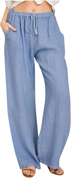 LRMQS Womens Pants Casual Trendy 2024 Spring Drawstring Loose Fit Trouser Lounge Beach Straight Linen Wide Leg Palazzo Outfit