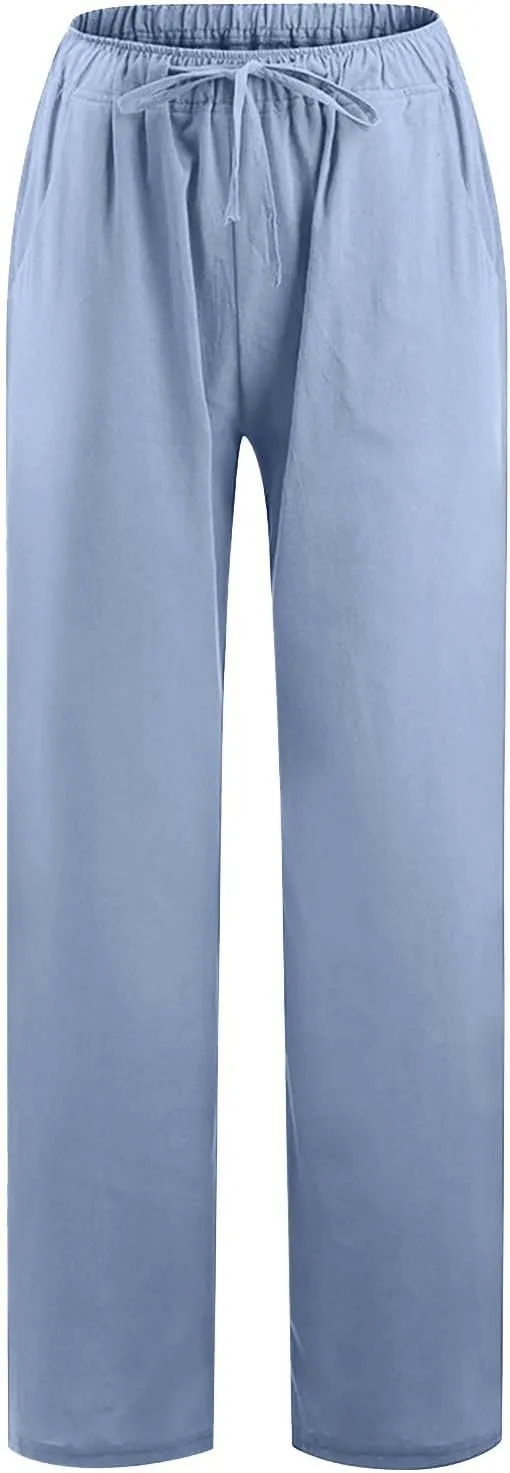 LRMQS Womens Pants Casual Trendy 2024 Spring Drawstring Loose Fit Trouser Lounge Beach Straight Linen Wide Leg Palazzo Outfit